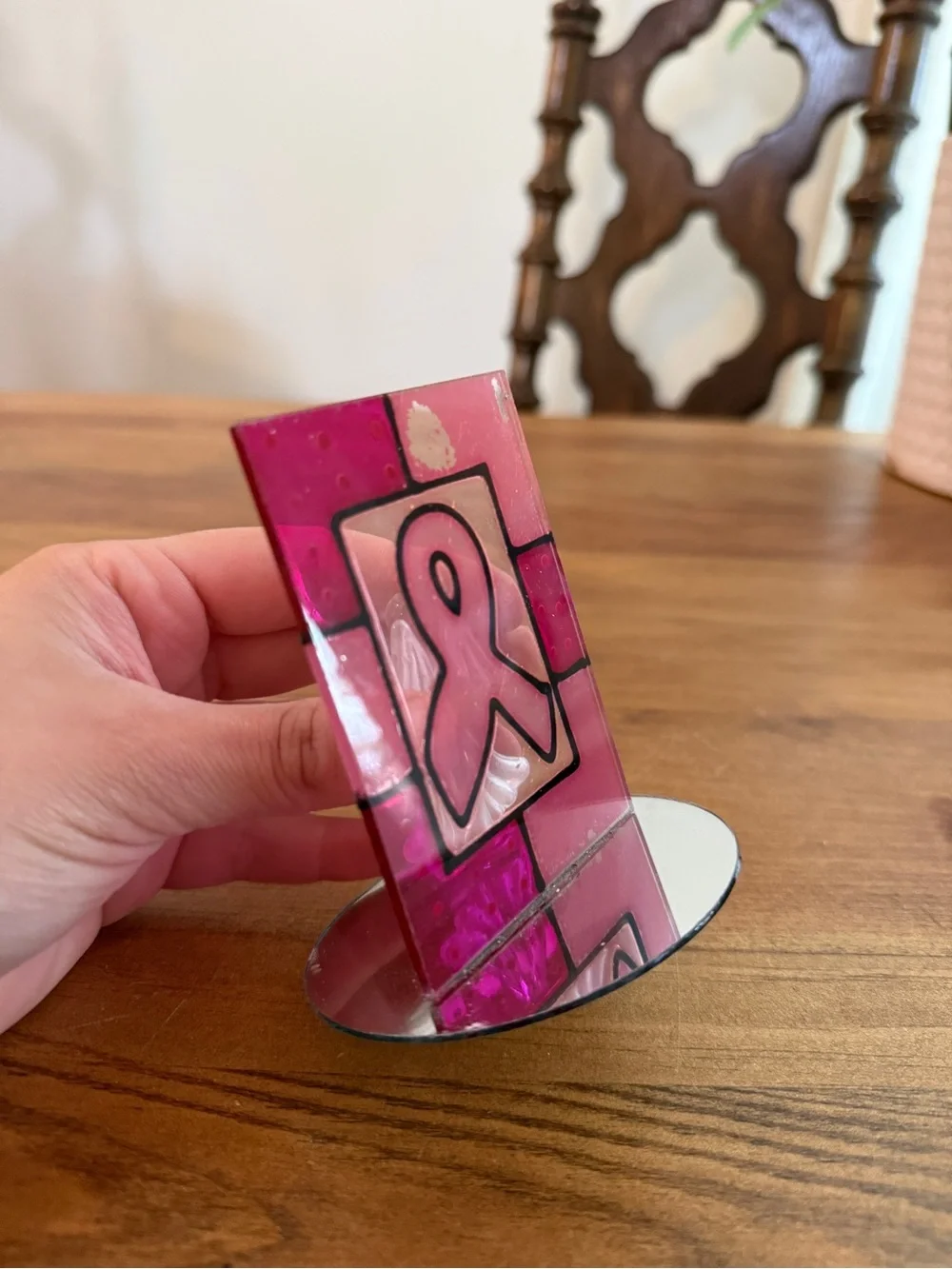 Pink Stained Glass Ribbon Frame with Pink Glass Angel Breast Cancer
